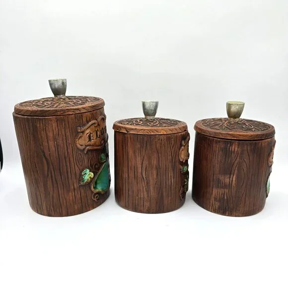 Vintage Treasure Craft US Canister Set - Flour Coffee Tea - Wood Look Ceramic wi - Picture 3 of 14